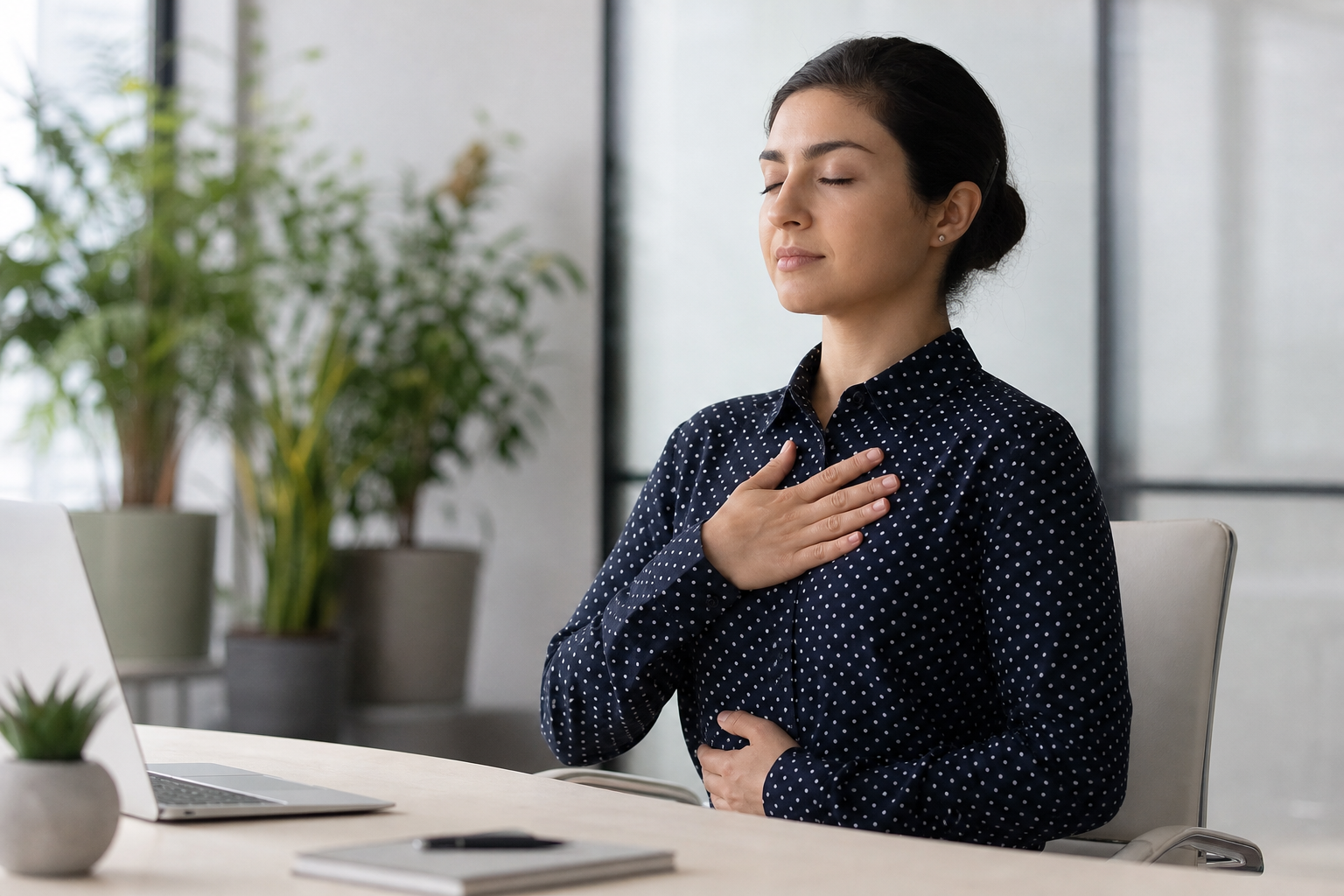 Office worker practicing calm breathing at desk with Removalclean